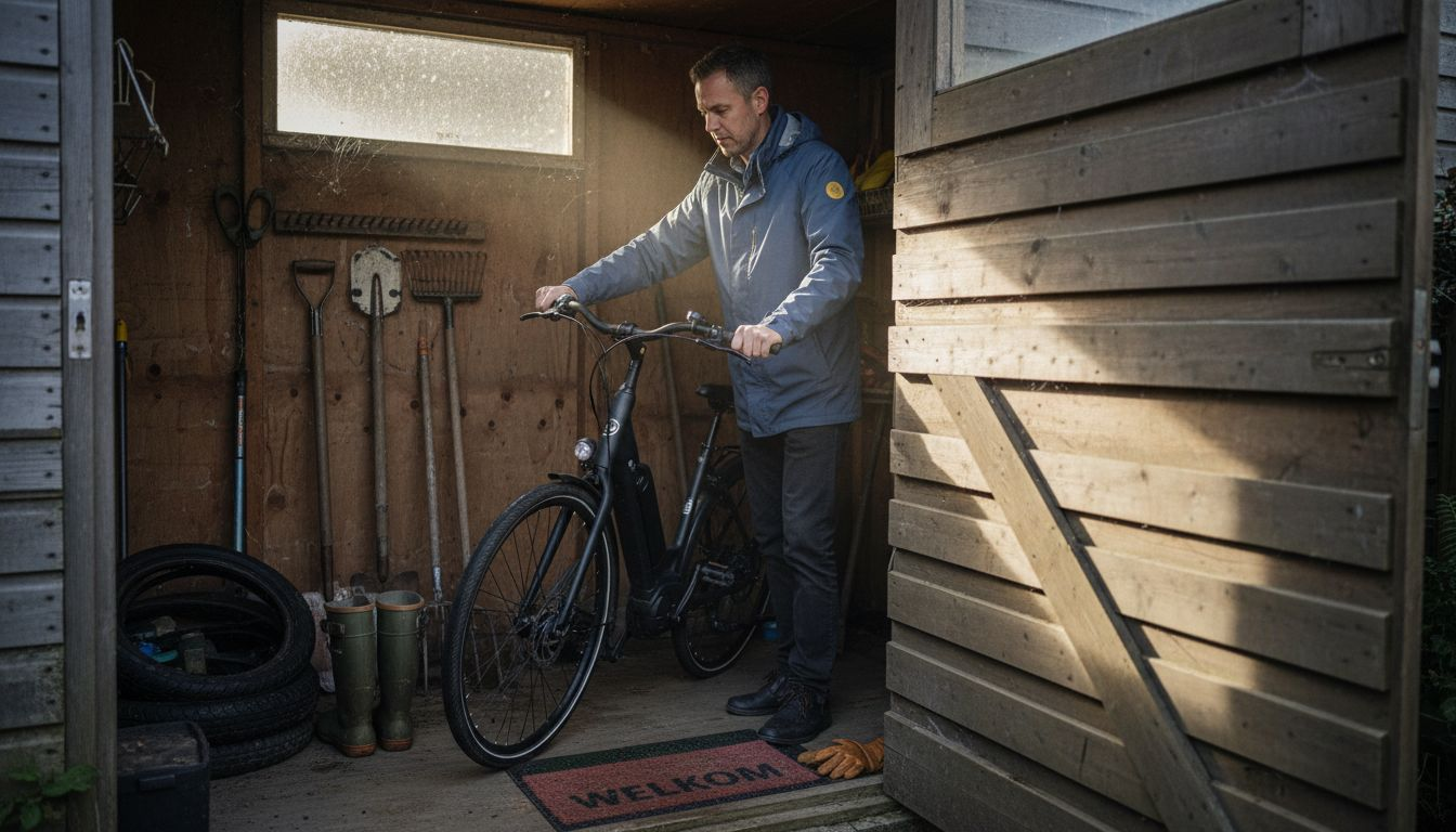 Een Nederlandse man zet zijn e-bike achter in het schuurtje in de tuin.