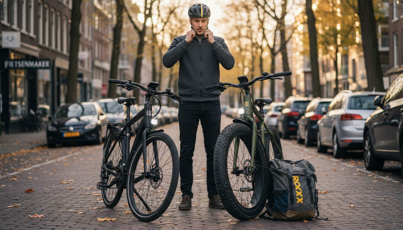 Forens met e-bike en fatbike in de stad onderweg