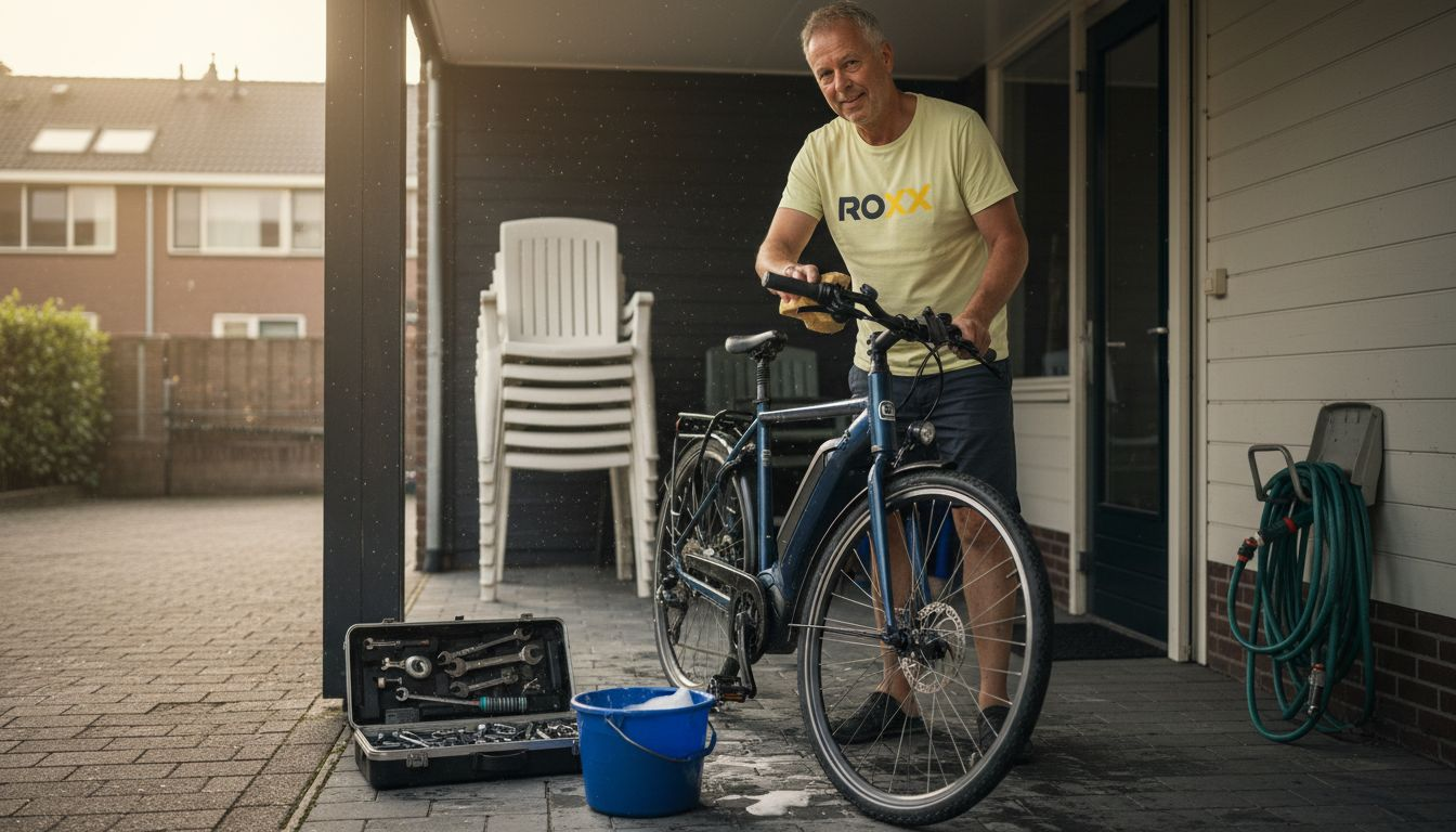 Een man maakt zijn e-bike schoon in de schuur.