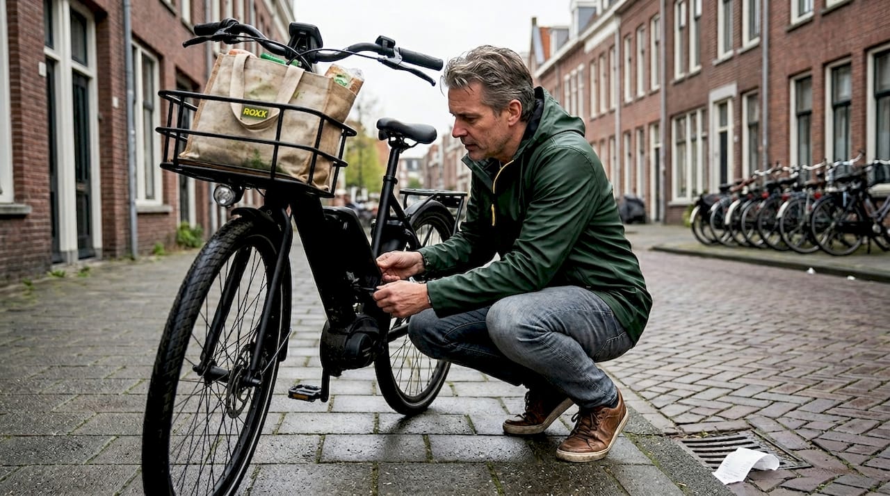 Man probeert nieuwe e-bike uit op het trottoir in de stad