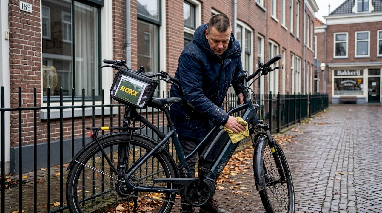 Man geeft zijn e-bike een schoonmaakbeurt op de stoep, midden in de winter.