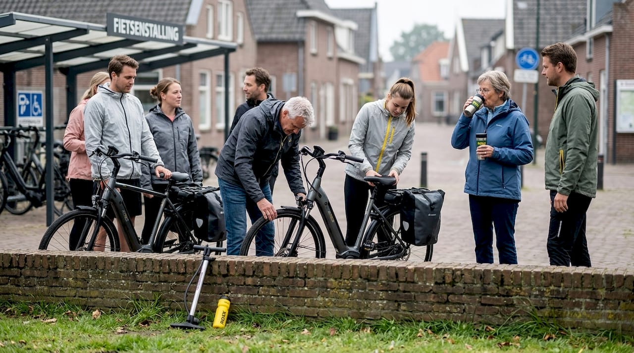 Een groep e-bikers verzamelt zich op het dorpsplein om zich klaar te maken voor hun tocht.