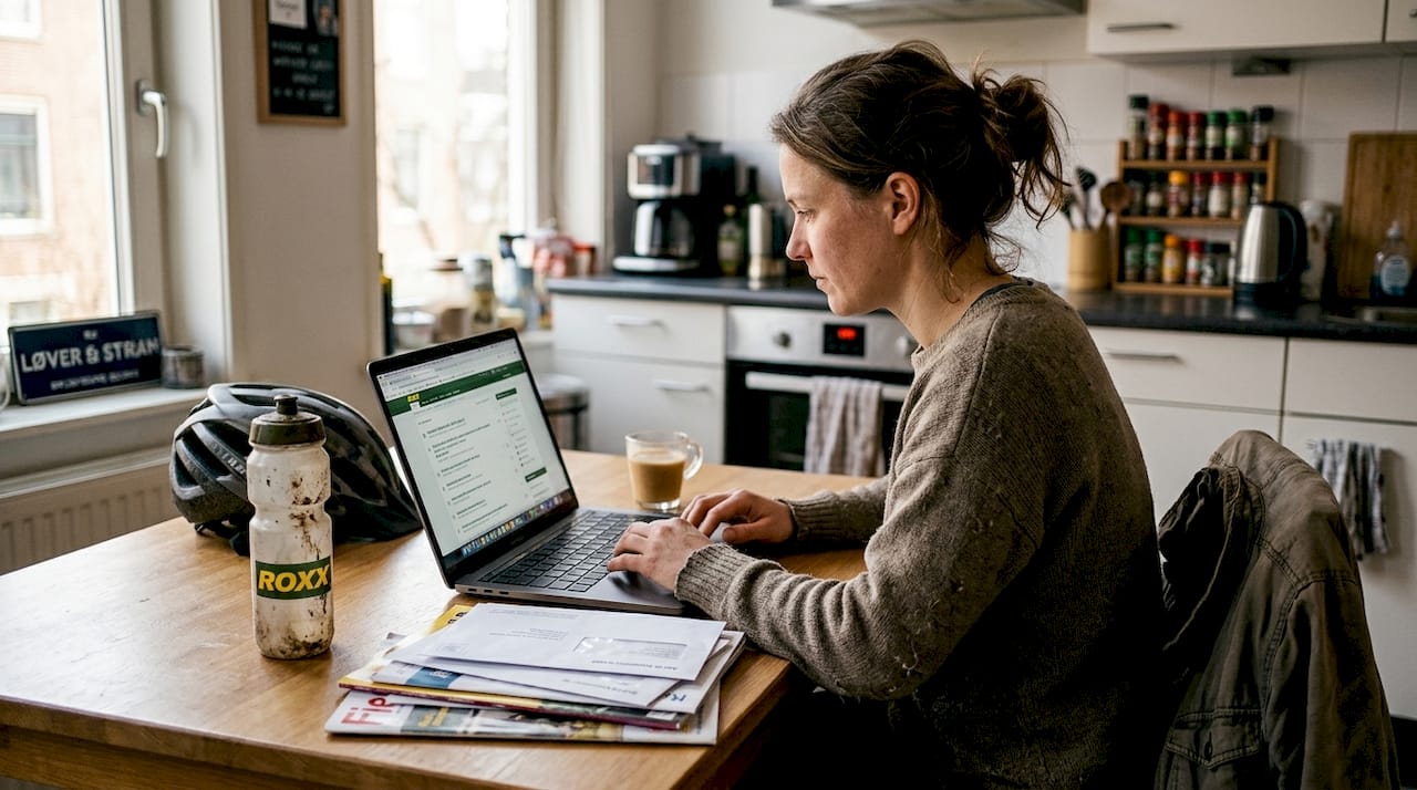 Vrouw zoekt e-bike advies via online community op haar laptop