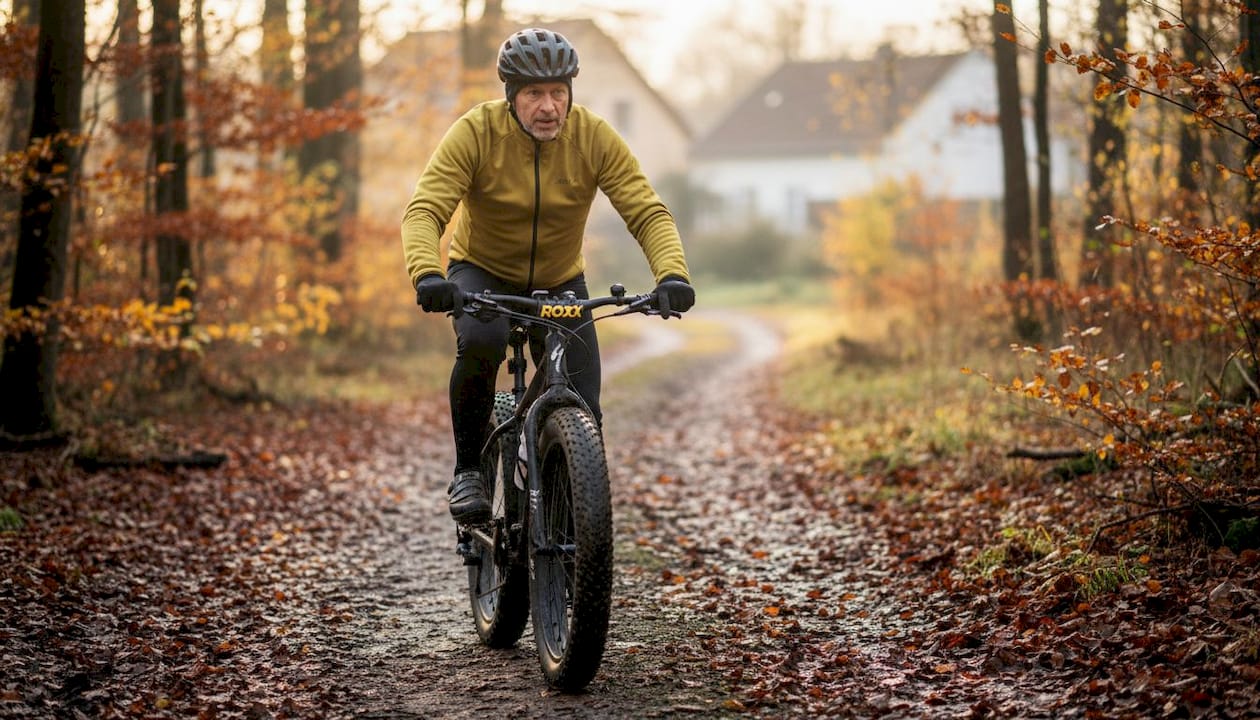 Een man scheurt met zijn fatbike over een drassig pad midden in het bos.