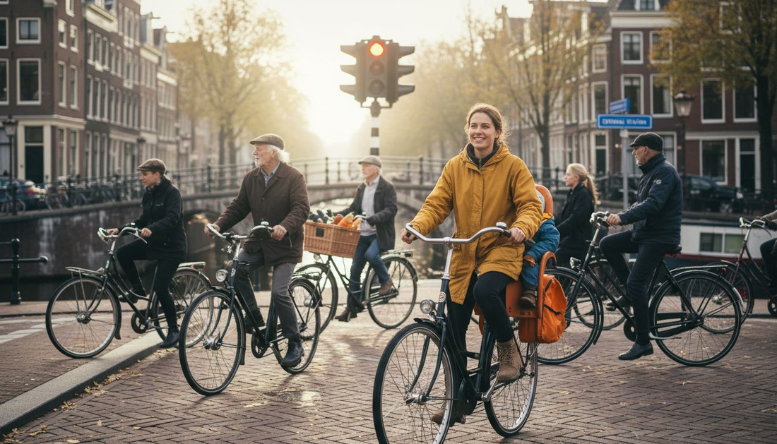 Fietsers in Amsterdam wachten met hun e-bikes bij het stoplicht op de kruising.