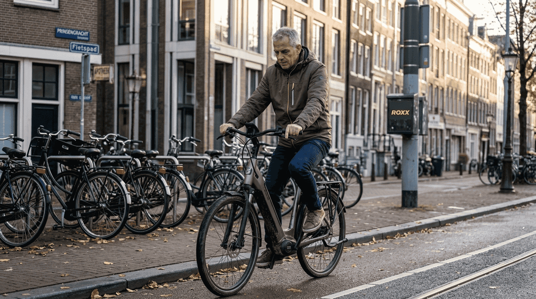 Een man zoeft op zijn elektrische fiets door de stad.