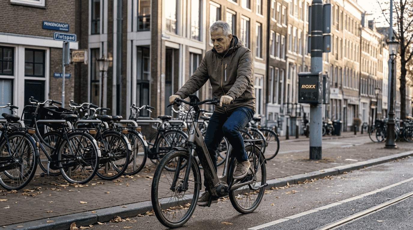 Een man zoeft op zijn elektrische fiets door de stad.