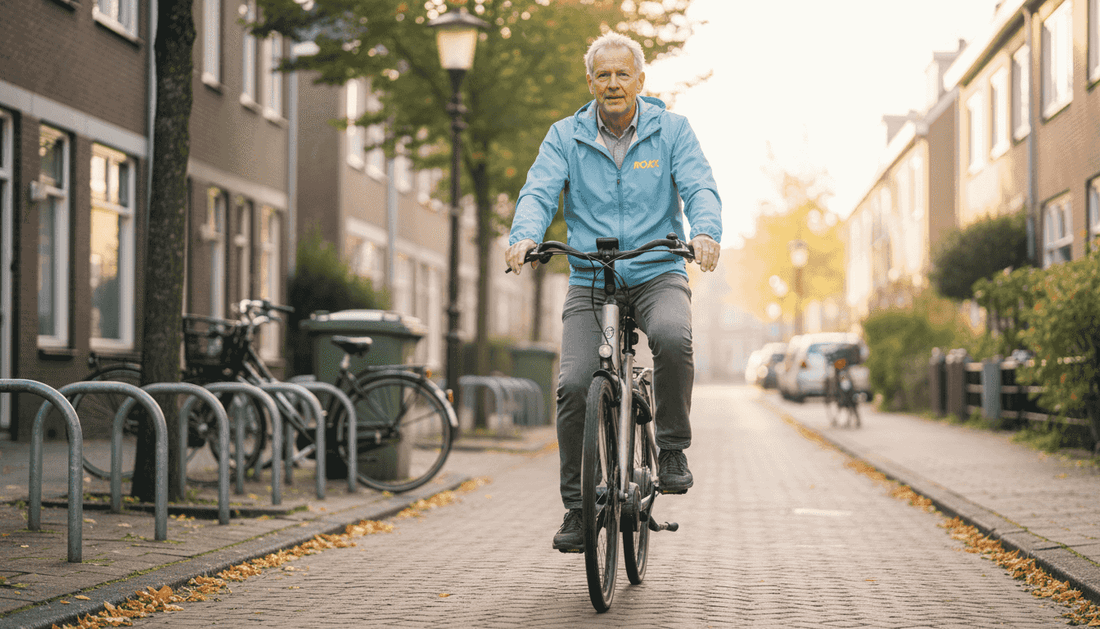 Een man rijdt op zijn e-bike door een rustige woonwijk.