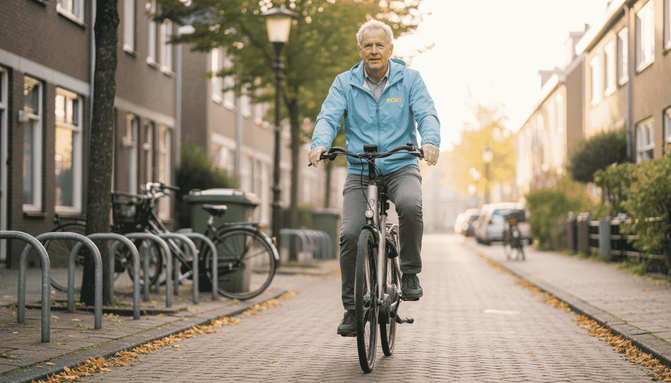 Een man rijdt op zijn e-bike door een rustige woonwijk.