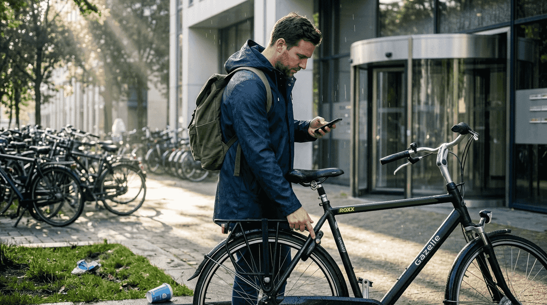 Een medewerker parkeert zijn fiets bij het kantoor.