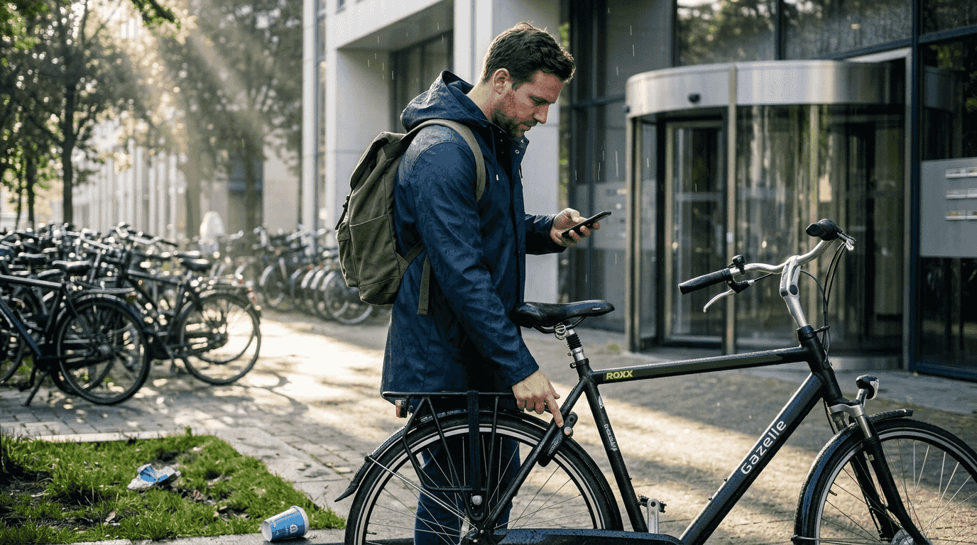 Een medewerker parkeert zijn fiets bij het kantoor.