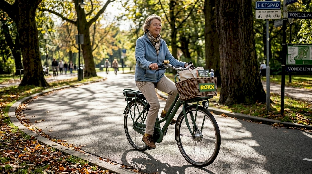 Een oudere dame geniet van een ontspannen ritje op haar e-bike door het park.