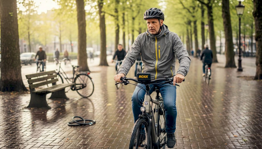 Man fietst op een moderne e-bike met digitaal display door het stadspark.