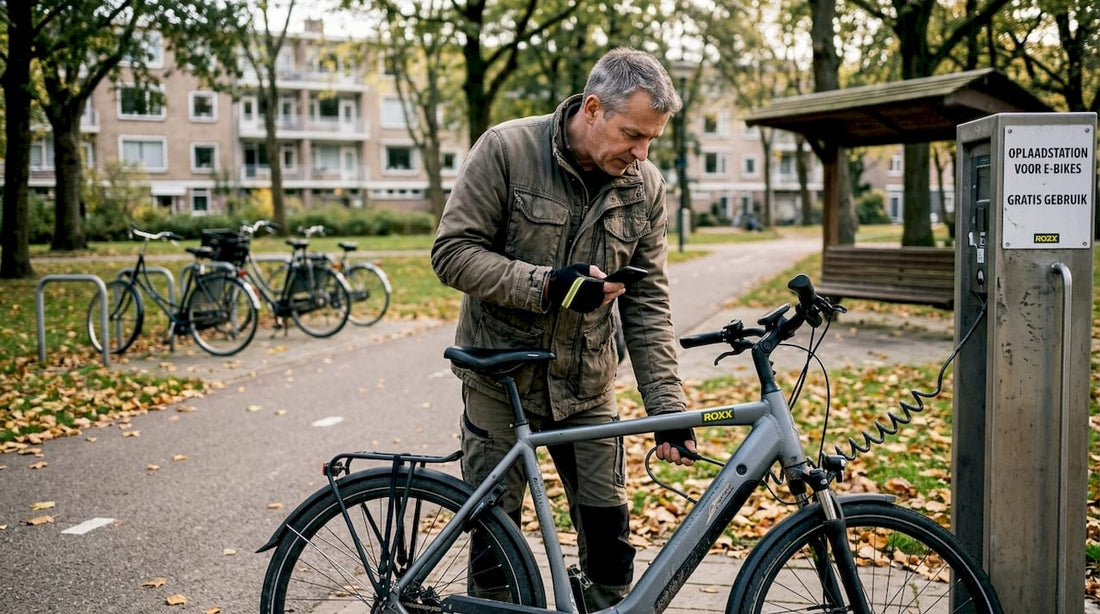Fietser sluit zijn e-bike aan bij oplaadpunt in het stadspark