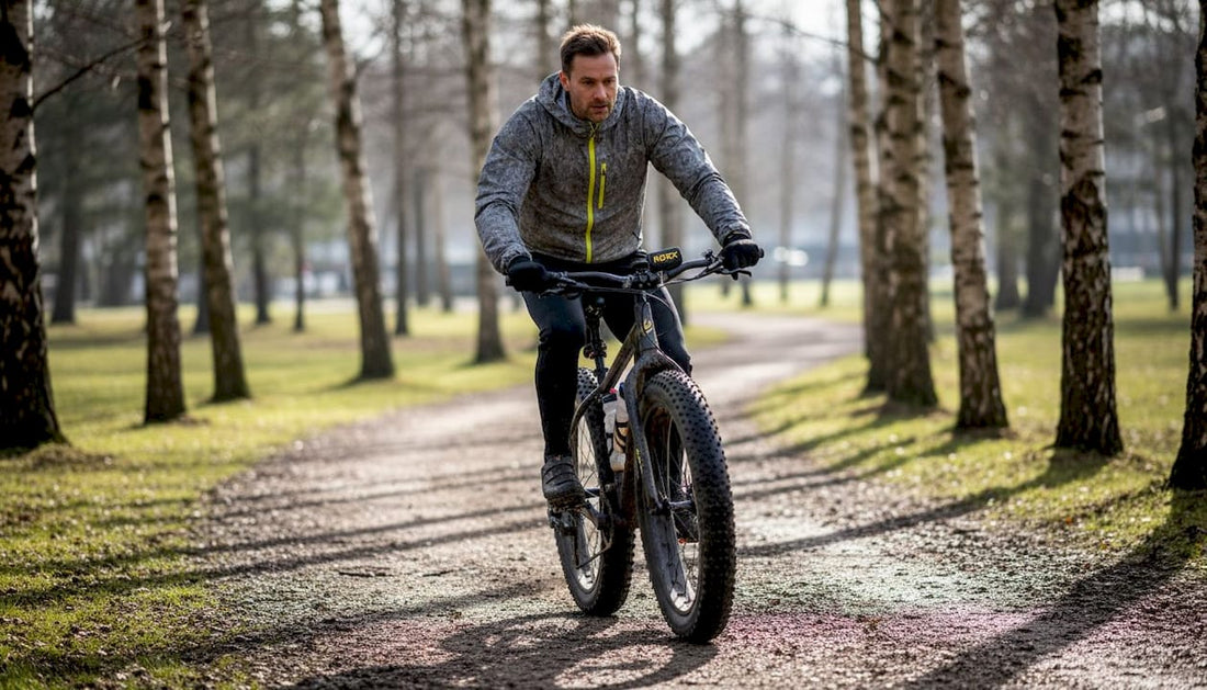 Een man fietst op zijn fatbike over het grindpad in het park.