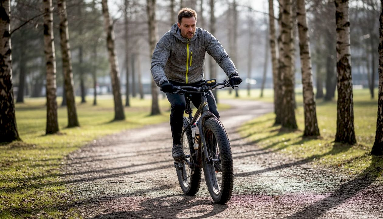 Een man fietst op zijn fatbike over het grindpad in het park.