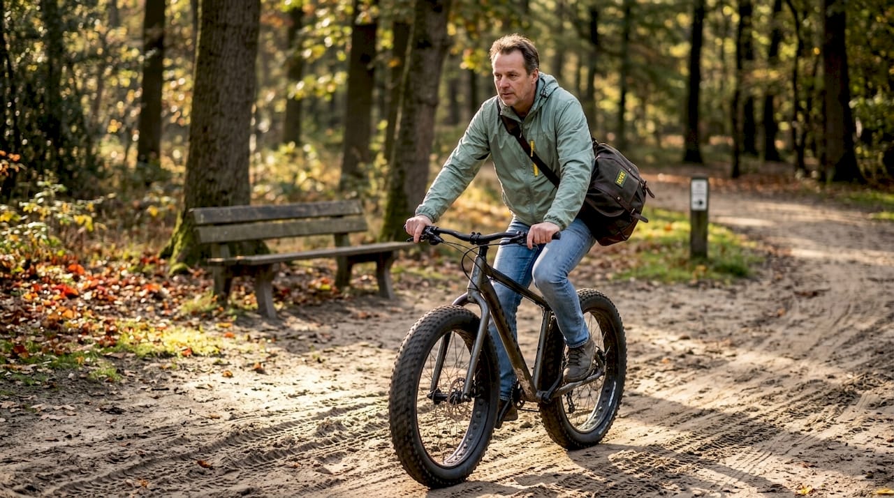 Een man fietst op een fatbike over een zanderig pad in het park.
