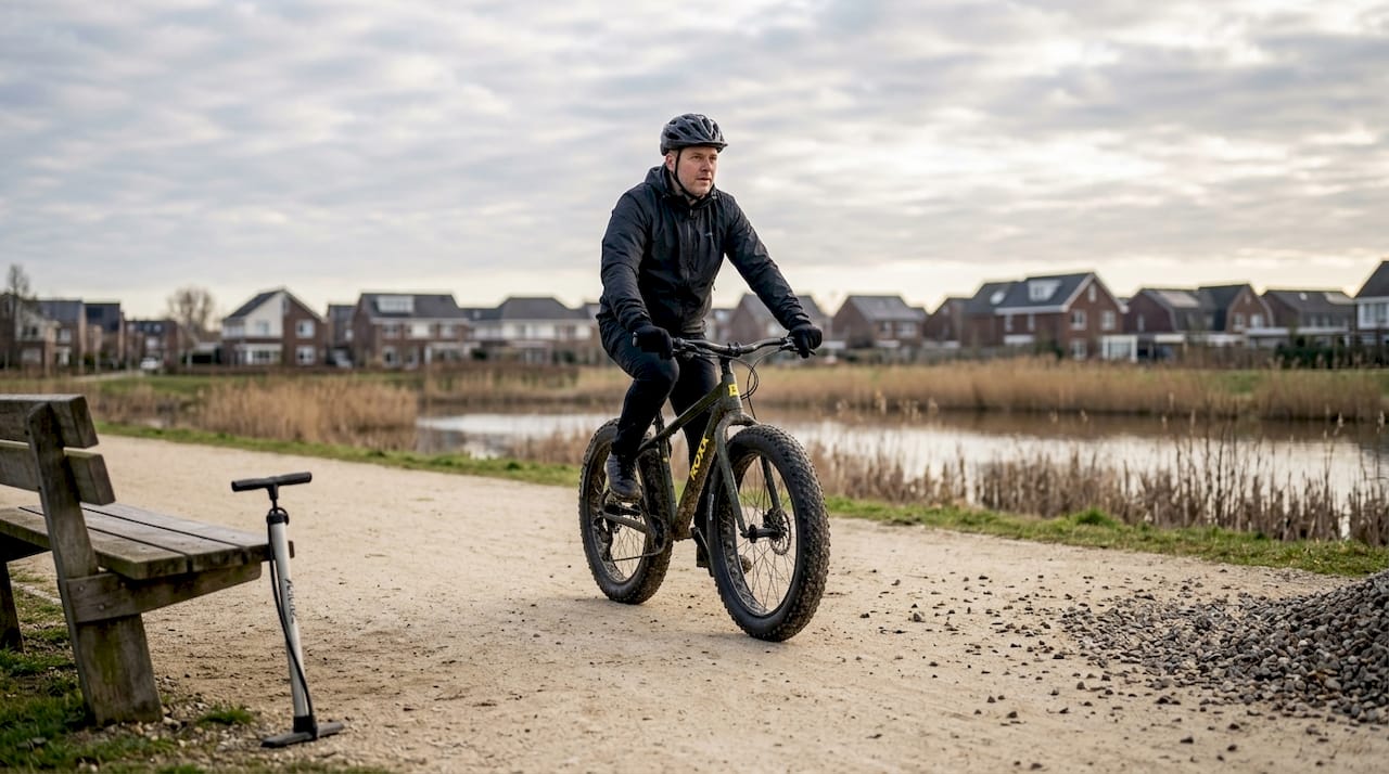 Man scheurt op Roxx fatbike over het parkpad