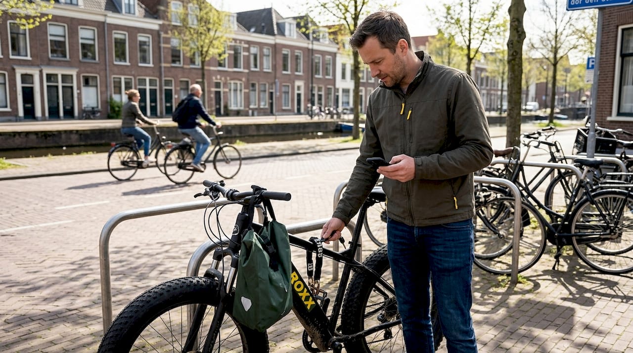 Man maakt zijn Roxx fatbike los op een Nederlandse straat