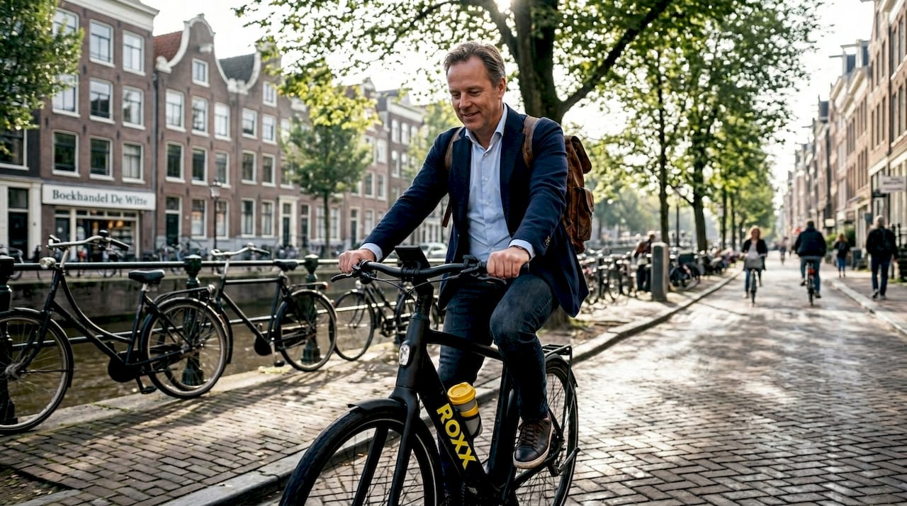 Man fietst op een luxe e-bike door Amsterdam naar zijn werk.