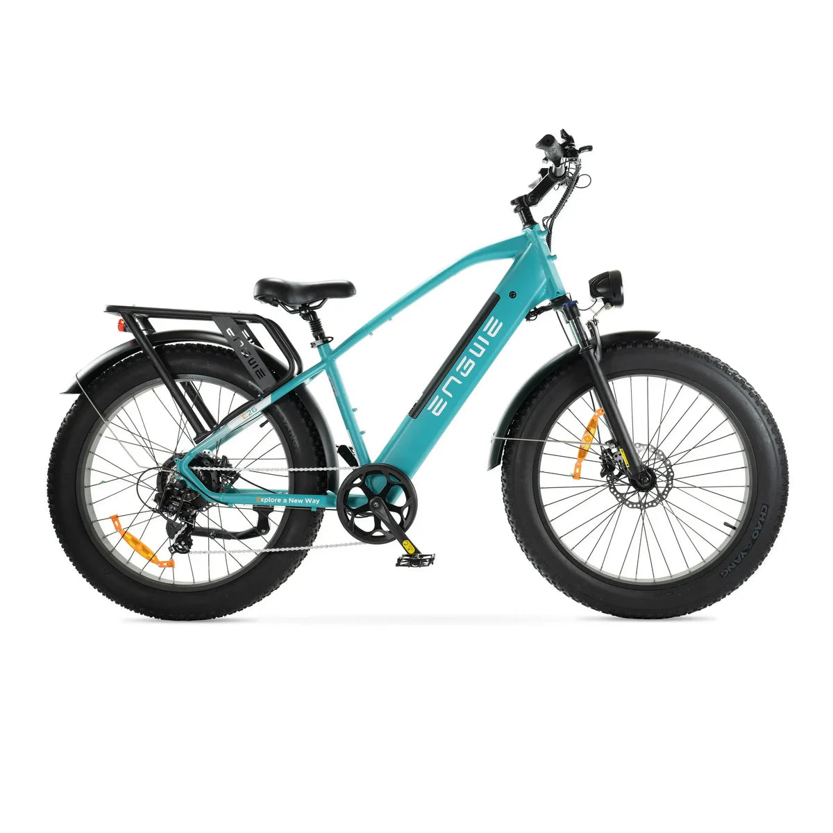 Engwe E26 blauwe elektrische fiets met hoge instap, comfortabele fatbike voor elke rit, geschikt voor diverse terreinen.