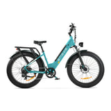 Engwe E26 blauwe elektrische fiets met lage instap en comfortabele fatbike voor dagelijks gebruik, ideaal voor stadsritten.