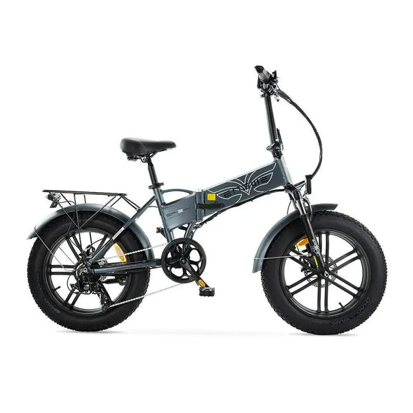 Grijze ENGWE EP-2 Boost elektrische vouwfiets met compacte frame en comfortabele zithouding, geschikt voor stadsgebruik