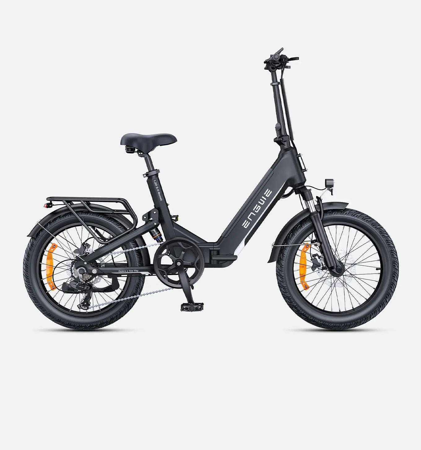 Engwe L20 3.0 Pro zwarte elektrische fatbike met lage instap, stevige frame en comfort voor off-road en stadsgebruik