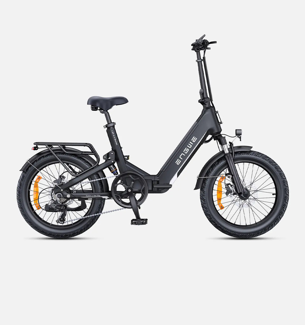 Engwe L20 3.0 Pro zwarte elektrische fatbike met lage instap, stevige frame en comfort voor off-road en stadsgebruik