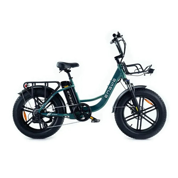 Engwe L20 Boost groene elektrische fiets met lage instap, comfortabel en geschikt voor stadsverkeer, zichtbaar in de doos