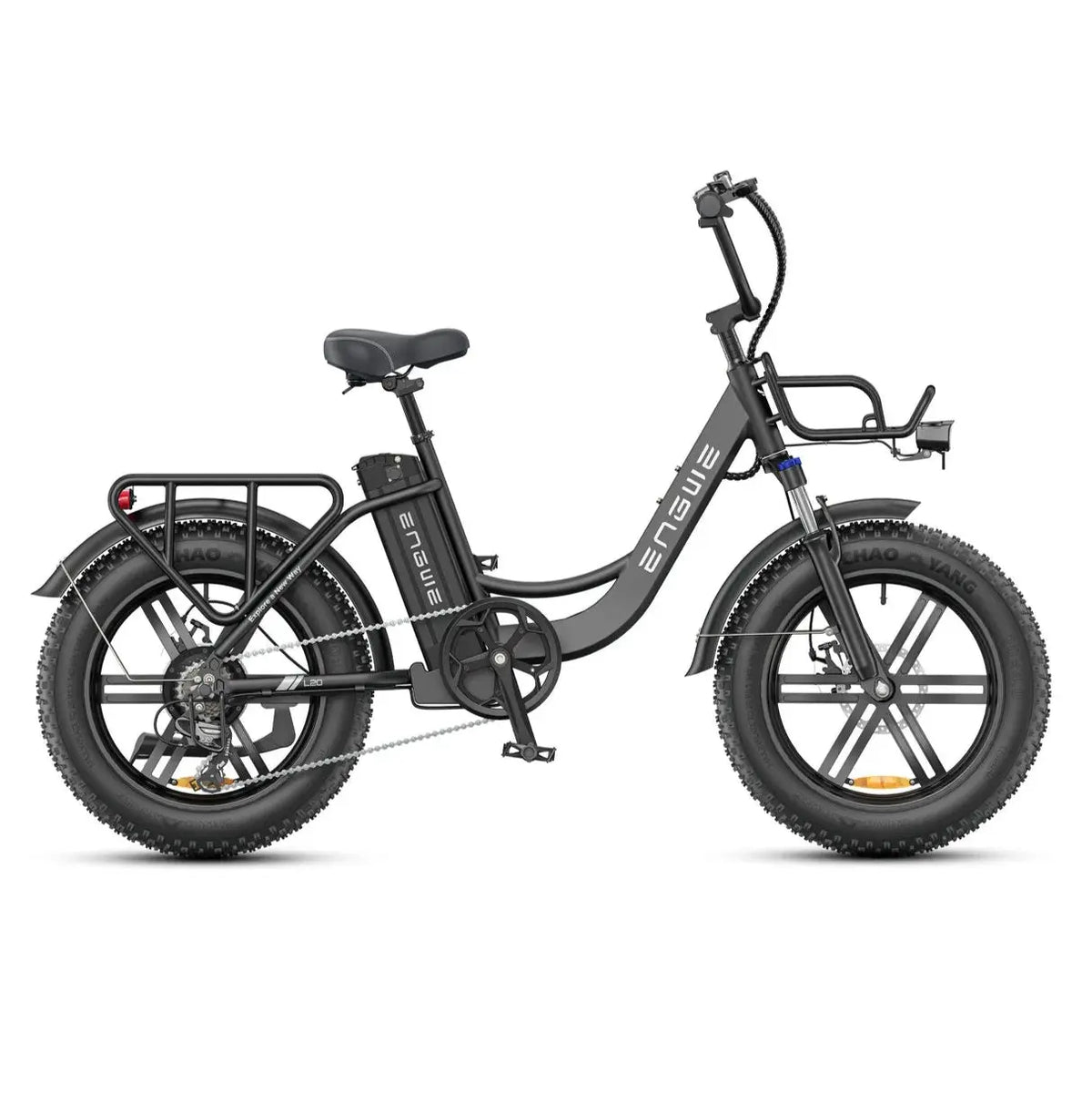 Zwarte ENGWE L20 Boost elektrische fiets met lage instap en comfortabele zithouding, ideaal voor dagelijks gebruik.