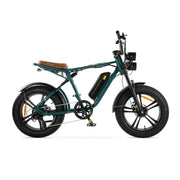 Groene ENGWE M20 elektrische fatbike met dubbele vering, geschikt voor off-road rijden, zichtbaar in doos.