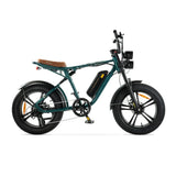 Groene ENGWE M20 elektrische fatbike met dubbele vering, geschikt voor off-road rijden, zichtbaar in doos.