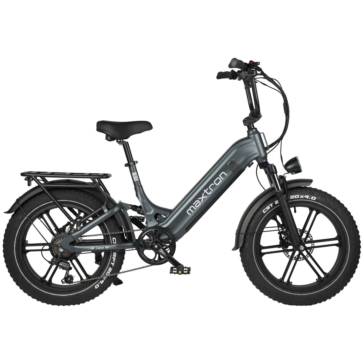 Maxtron Camel Grijs elektrische fiets met groene accenten, stabiele fatbike voor stad en recreatief gebruik, geschikt voor verschillende terreinen