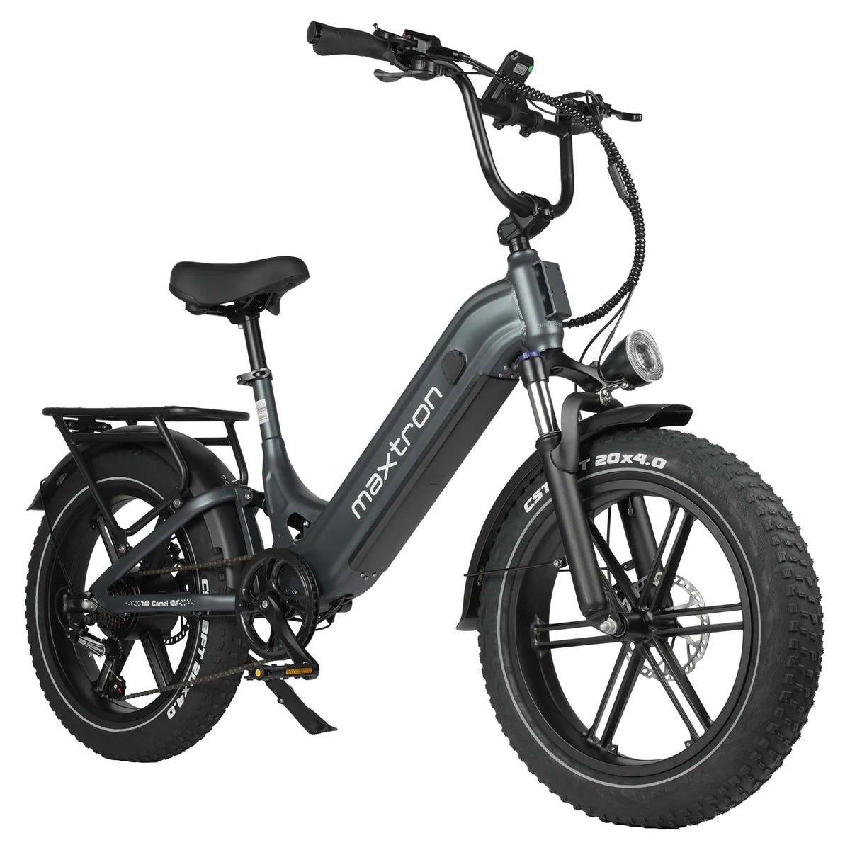 Maxtron elektrische fatbike Camel in grijs met groene accenten, stabiel en geschikt voor stad en recreatief gebruik.