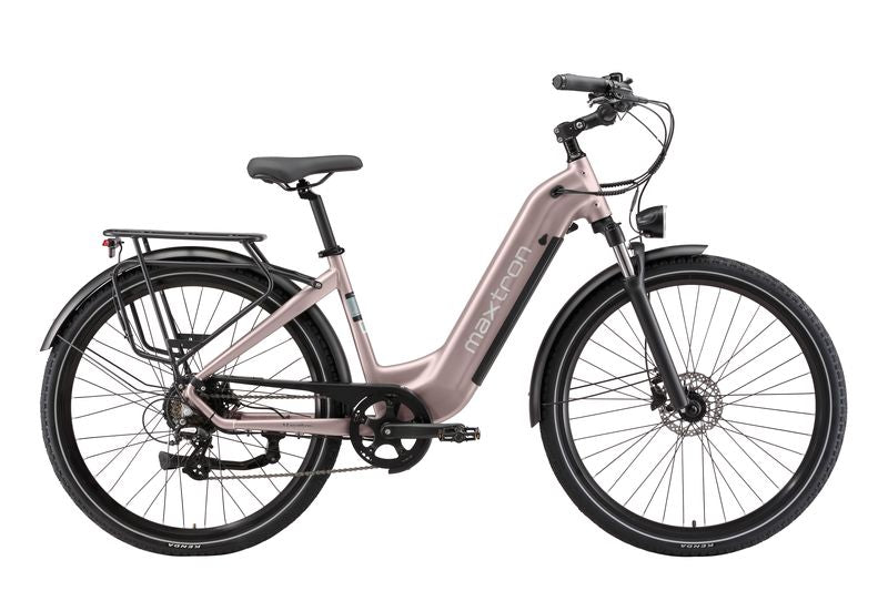 Elektrische fiets Maxtron Marathon Goud met grote accu, frame en accessoires, klaar voor gebruik.
