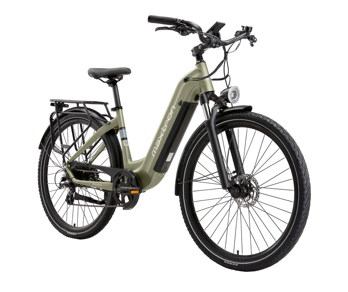 Groene Maxtron Marathon elektrische fiets met grote accu en comfortabele zithouding, geschikt voor lange ritten en stadsgebruik