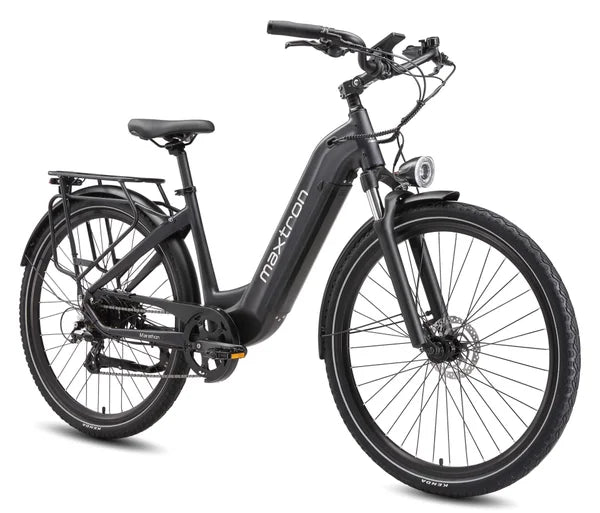 Maxtron Marathon zwarte elektrische fiets met grote accu, stevig frame en comfortabele zithouding voor lange ritten.