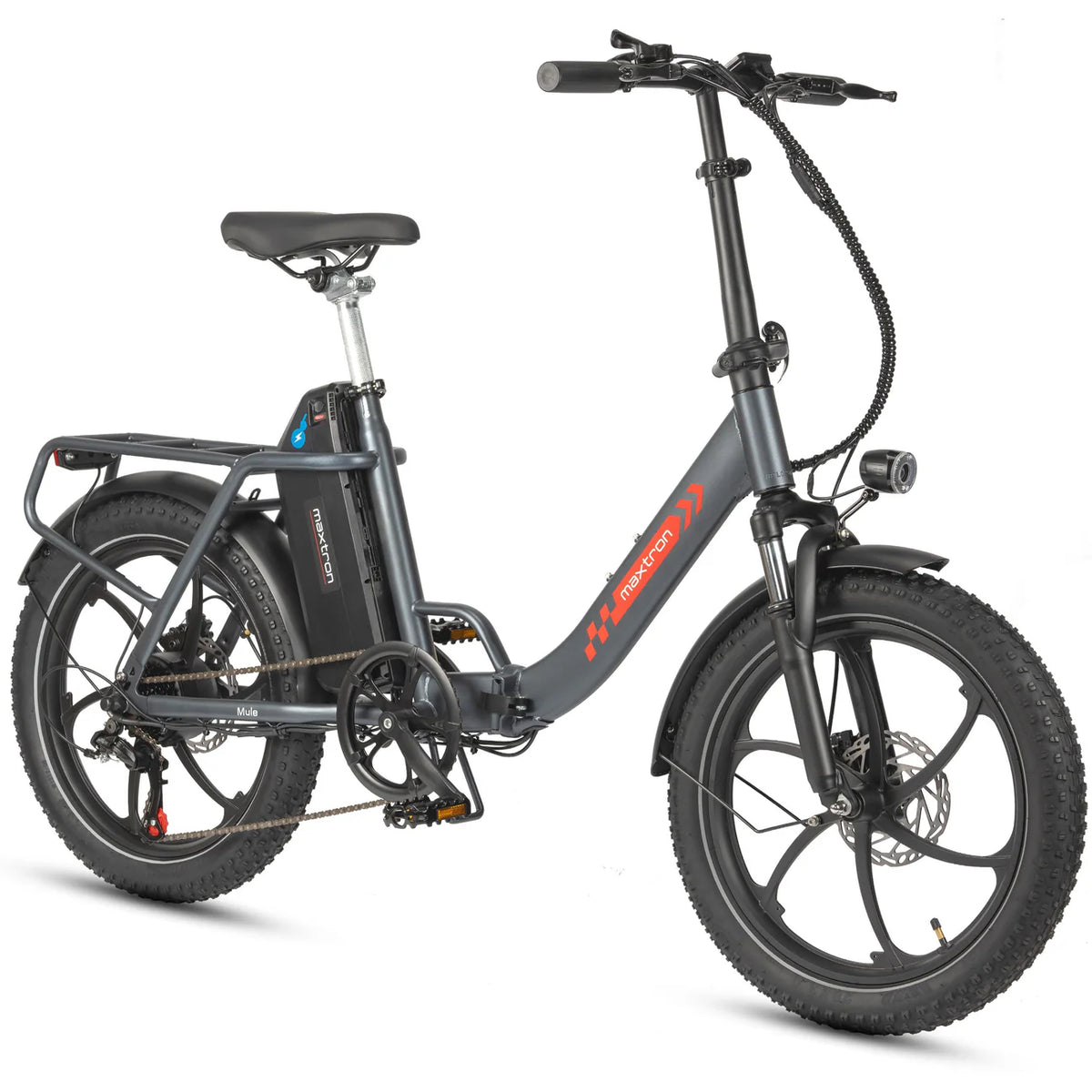 Maxtron Mule grijze opvouwbare elektrische fiets, lichte e-bike voor stad en woon-werk vervoer, zichtbaar met vouwmechanisme