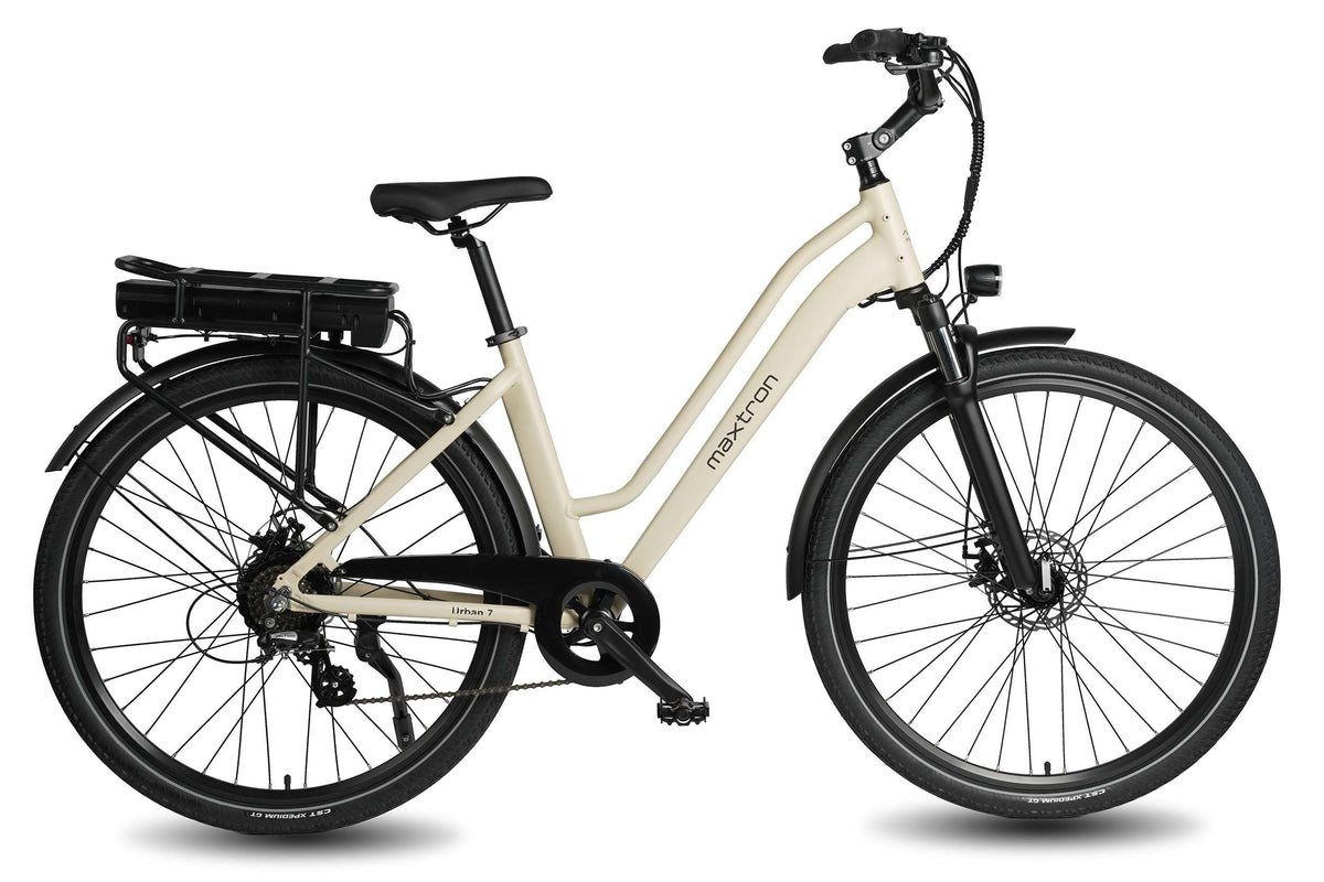 Maxtron Urban7 beige elektrische fiets voor dagelijks gebruik, comfortabel en geschikt voor stadsritten.