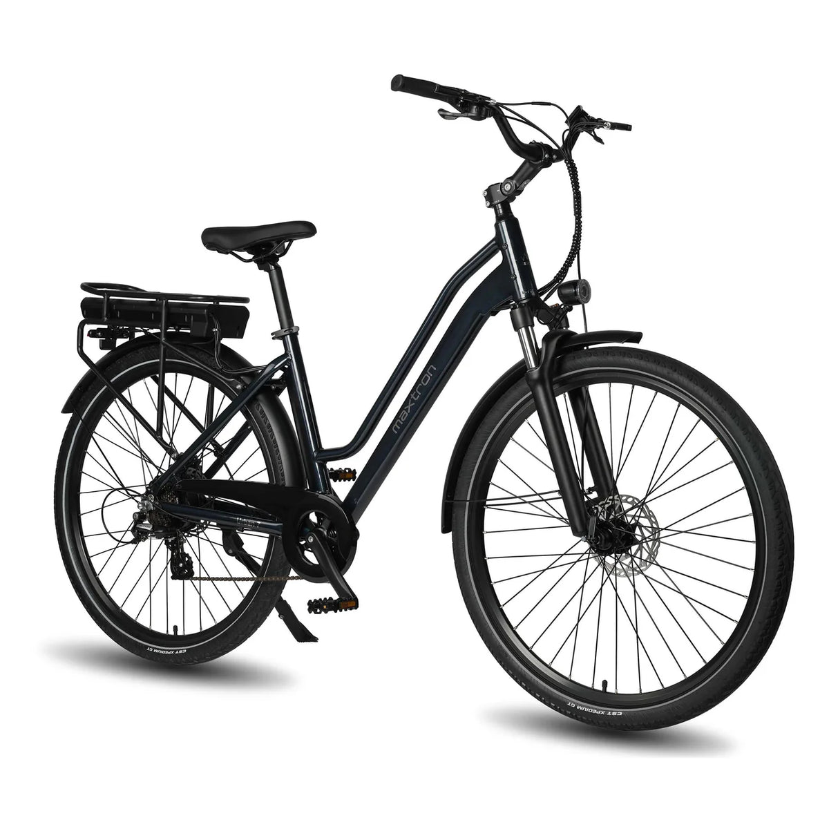 Maxtron Urban7 elektrische fiets in donkerblauw, comfortabele e-bike voor dagelijks gebruik, met fraai design en gebruiksvriendelijke functies.
