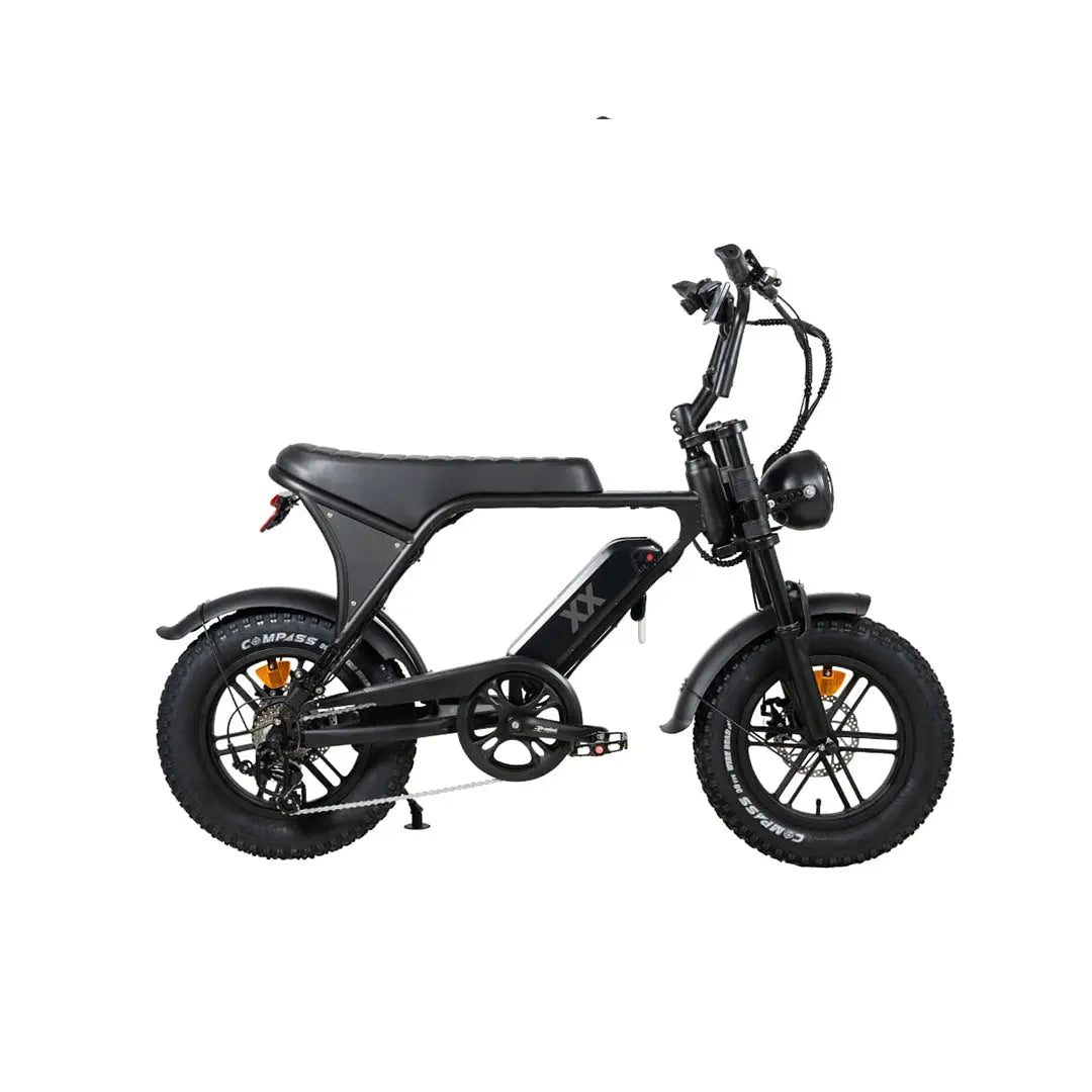 Ouxi C80 Mini compacte elektrische fatbike in doos, zwart, met brede banden en elektrische aandrijving voor off-road gebruik