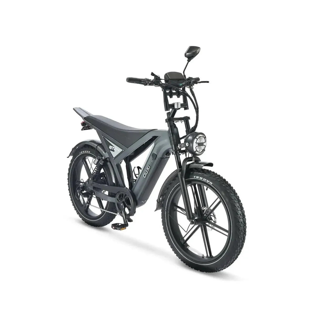 Elektrische fiets OUXI GT-24 Grijs, 24-inch fatbike met brede banden en frame, geschikt voor ruw terrein en comfortabel rijden.