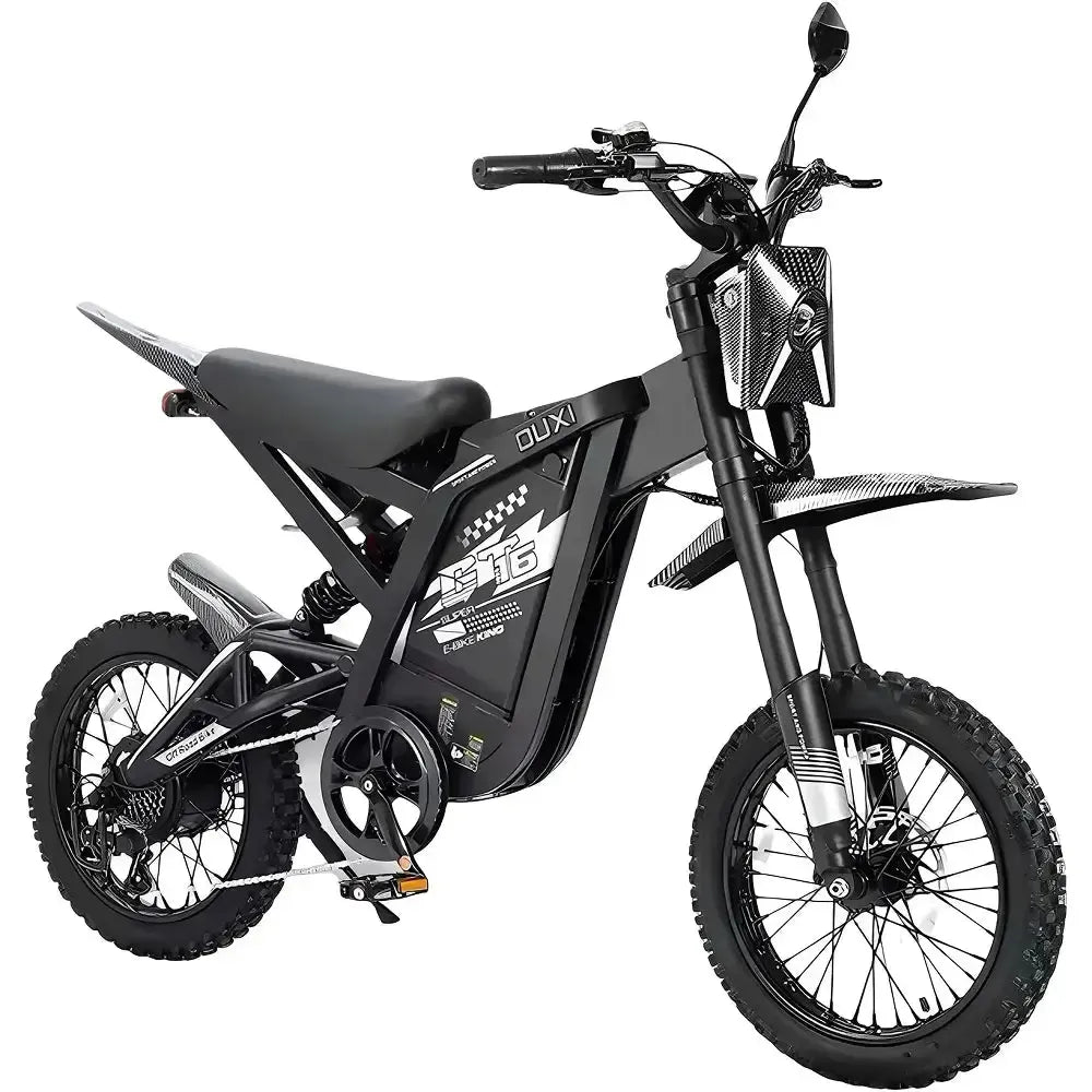 Zwarte en grijze compacte elektrische skinnybike OUXI GT16 met een slank frame en moderne uitstraling, perfect voor stadsverkeer