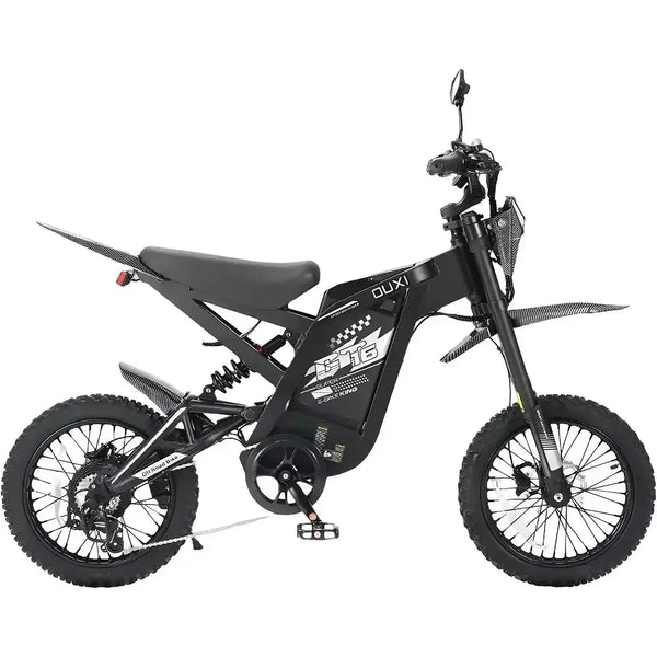 Zwarte en grijze OUXI GT16 elektrische skinnybike, compacte en slanke elektrische fiets van het Ouxi merk.
