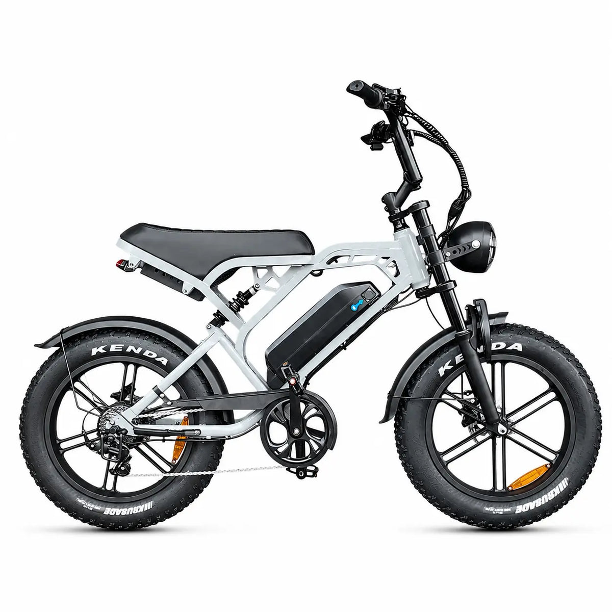Ouxi V20 Pro zilveren elektrische fatbike met brede banden, geschikt voor dagelijks gebruik en avontuurlijke ritten.