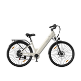 Pixar Velopro C1 beige elektrische stadsfiets met lage instap en witte afwerking, geschikt voor woon-werk en recreatief gebruik