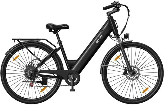 Elektrische stadsfiets Velopro C1 van Pixar in zwart met lage instap, geschikt voor woon-werk en recreatief gebruik.