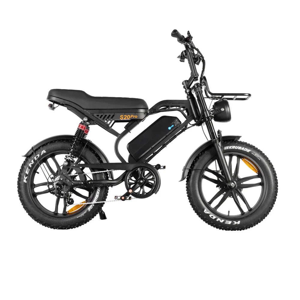 Elektrische fatbike S20 Pro van Qmwheel, geschikt voor stadsgebruik en recreatief rijden, zwart met brede banden.