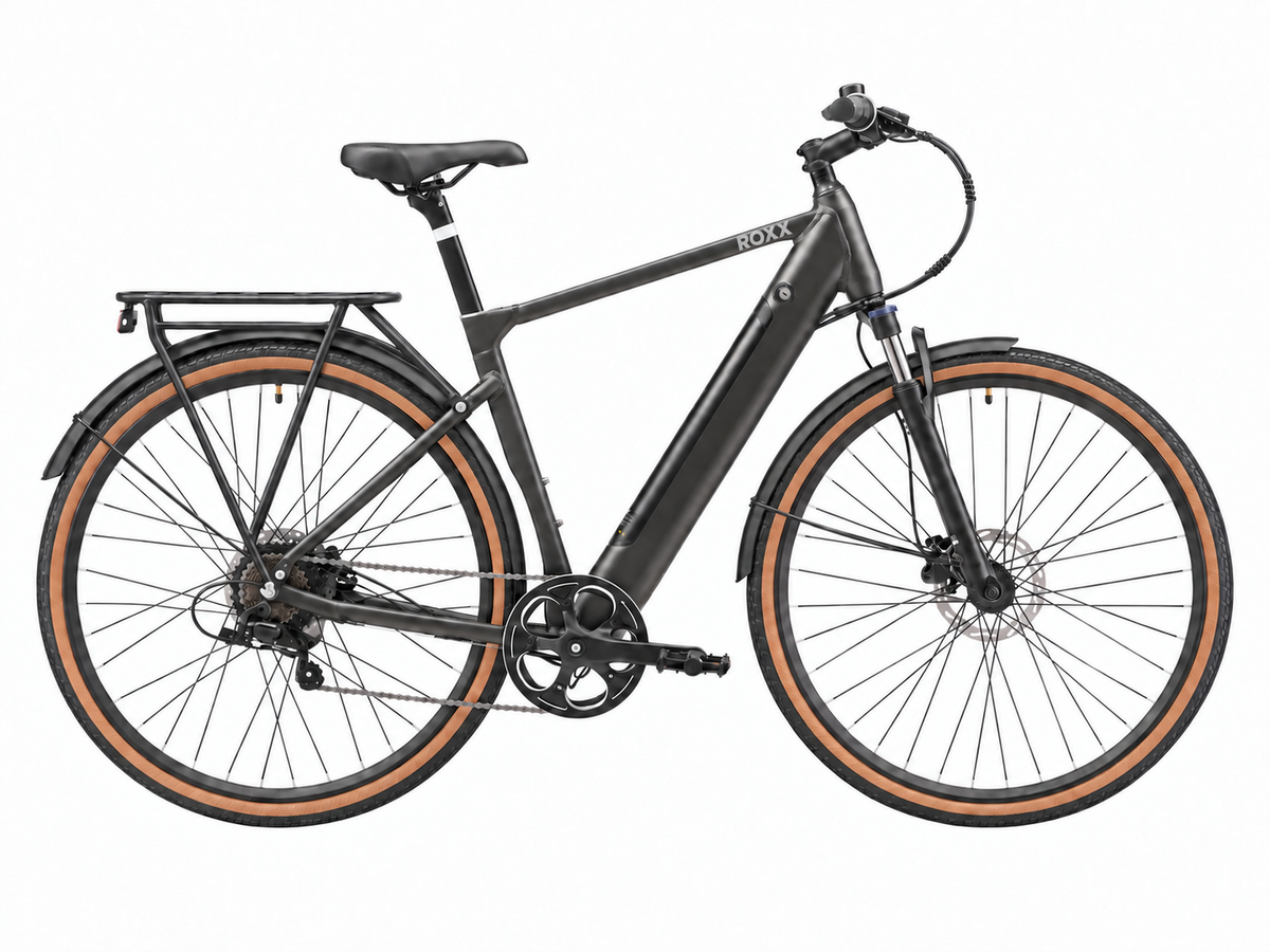 Roxx Gravel Grey elektrische fiets van Roxx Bike met zwart frame en comfortabele zithouding, geschikt voor dagelijks woon-werkverkeer